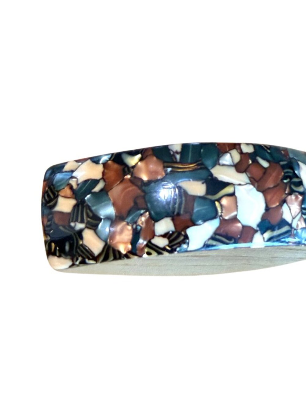 Mosaic Hair Clip Barrette VTG Brown Cream Blue Curved Made in France Plastic - Picture 2 of 6